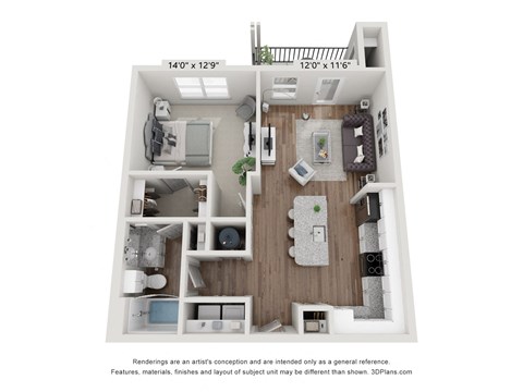 a 3d floor plan of a102 with a bedroom and a living room